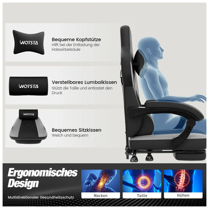 Gaming Chair with Footrest Ergonomic Gamer Chair, Height Adjustable Computer Gaming Chair with Lumbar Support, Headrest, Swivel Office Chair