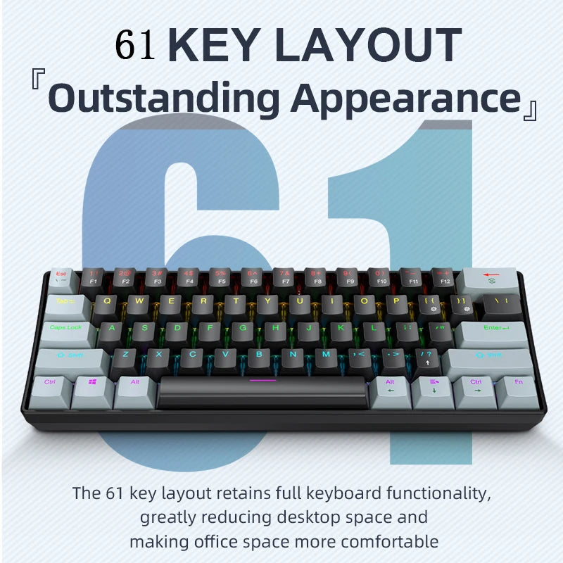 APAYADO K61 60% Mini bedraad mechanisch gamingtoetsenbord Phantom RGB, 61 toetsen, red/blue switch, ergonomisch, draagbaar voor pc/laptop