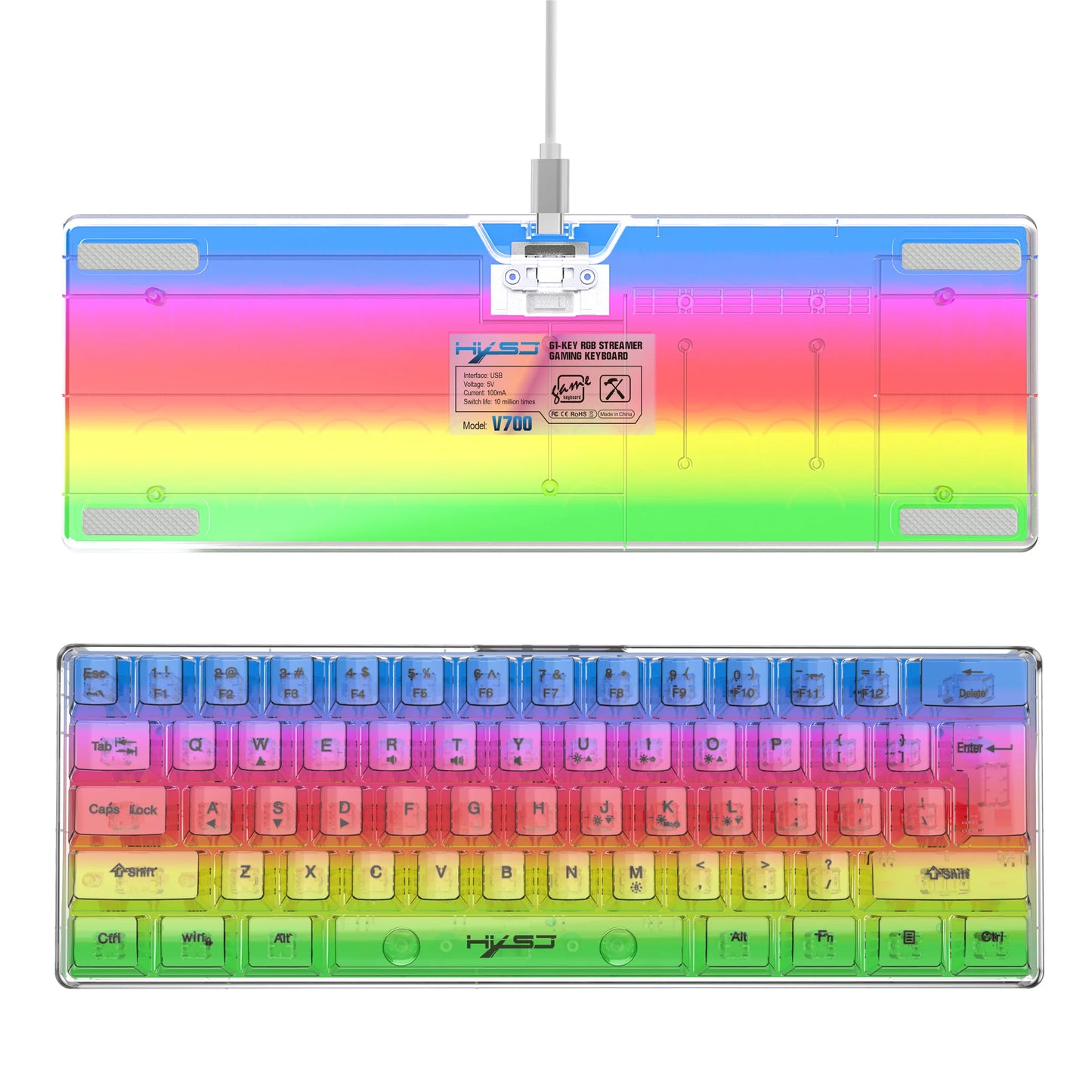 Teclado gaming transparente con cable HXSJ 60%, retroiluminación RGB, ultracompacto, resistente al agua, teclado compacto pequeño de 61 teclas para PC/Mac
