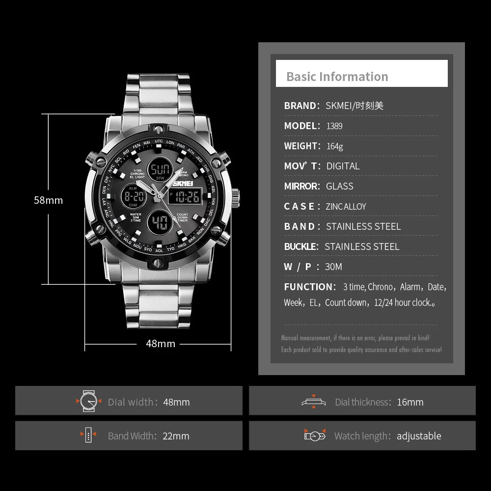 SKMEI 1389 Bracelet Wristwatch Clock Digital Quartz Watch Men Three Time Waterproof Quartz Wrist Mens Watch Relogio Masculino