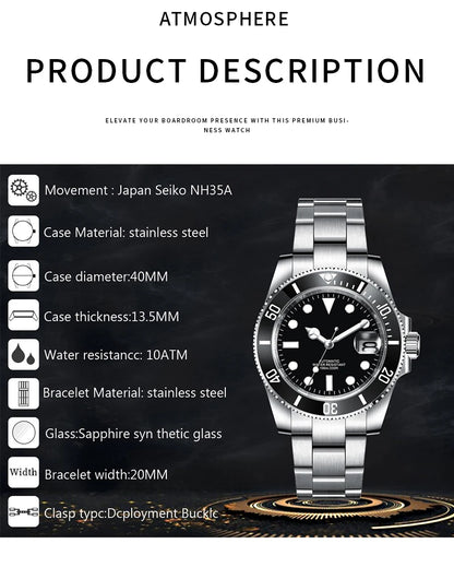 Customized Logo Men's Mechanical Automatic Wristwatch NH35 Movement 40mm Dial 100M Waterproof Sapphire Glass DIY Corgeut