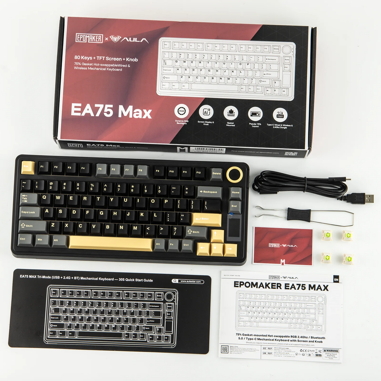 Tastiera meccanica EPOMAKER X AULA EA75 MAX 75% layout ANSI US, hot-swap, gasket mount, cablata/BT/wireless 2.4GHz, con schermo e manopola
