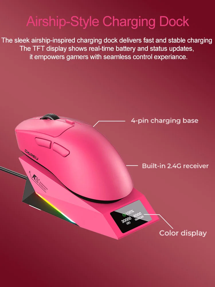 DAREU Kabellose Gaming-Maus 8khz Abtastrate AIM-750 (3950) 30000 DPI Tri-Mode-Gamer-Maus 60g mit Ladestation