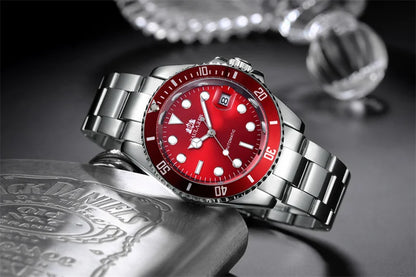 High Quality Automatic Mechanical Watch for Men Stainless Steel Red Dial Date Strong Luminous Luxury Men's Watch