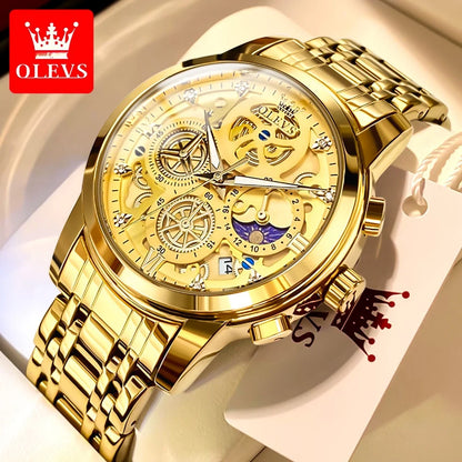 OLEVS Herrenuhr – Luxusmodell, wasserdicht, Quarzwerk, Skelett-Design, 24-Stunden-Anzeige (Tag/Nacht), goldfarben