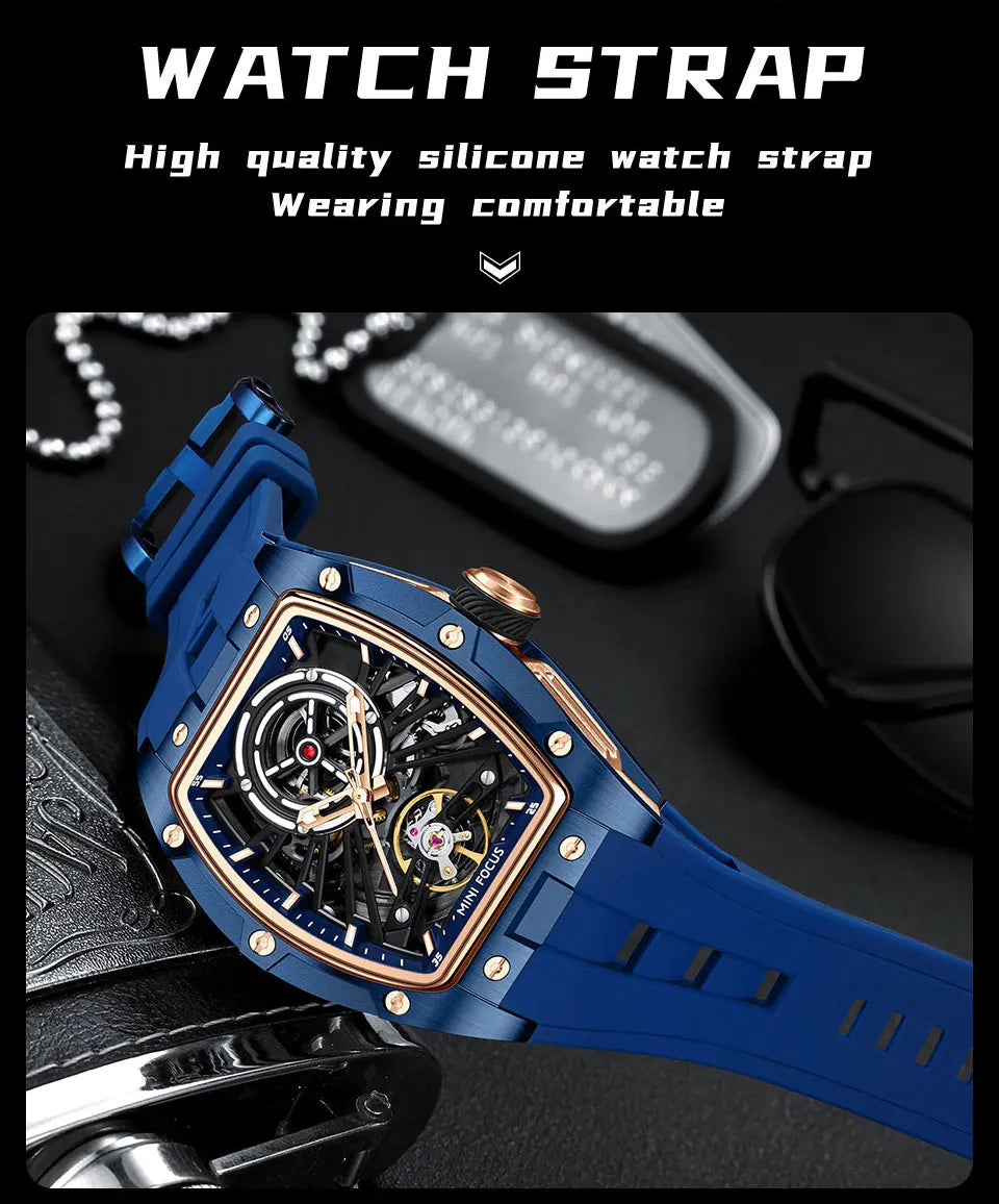 MINI FOCUS Herren-Armbanduhr, modisch, schwarz, wasserdicht, automatische mechanische Uhr mit Leuchtzeigern, Silikonarmband und Tonneau-Zifferblatt