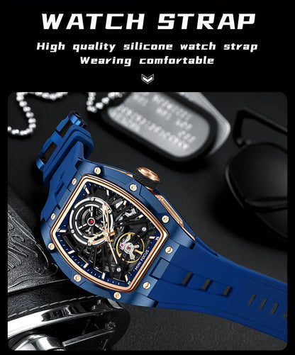 MINI FOCUS Herren-Armbanduhr, modisch, schwarz, wasserdicht, automatische mechanische Uhr mit Leuchtzeigern, Silikonarmband und Tonneau-Zifferblatt