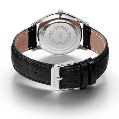 BERNY Watches for Men Luxury Slim Classic Stylish Dress Quartz Watch Stainless Steel Case Elegance Leather Band Wristwatch