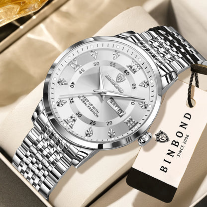 Montre-bracelet à quartz de luxe BINBOND pour homme – Étanche, lumineuse, avec affichage du jour de la semaine – Style business, sport, mode et décontracté