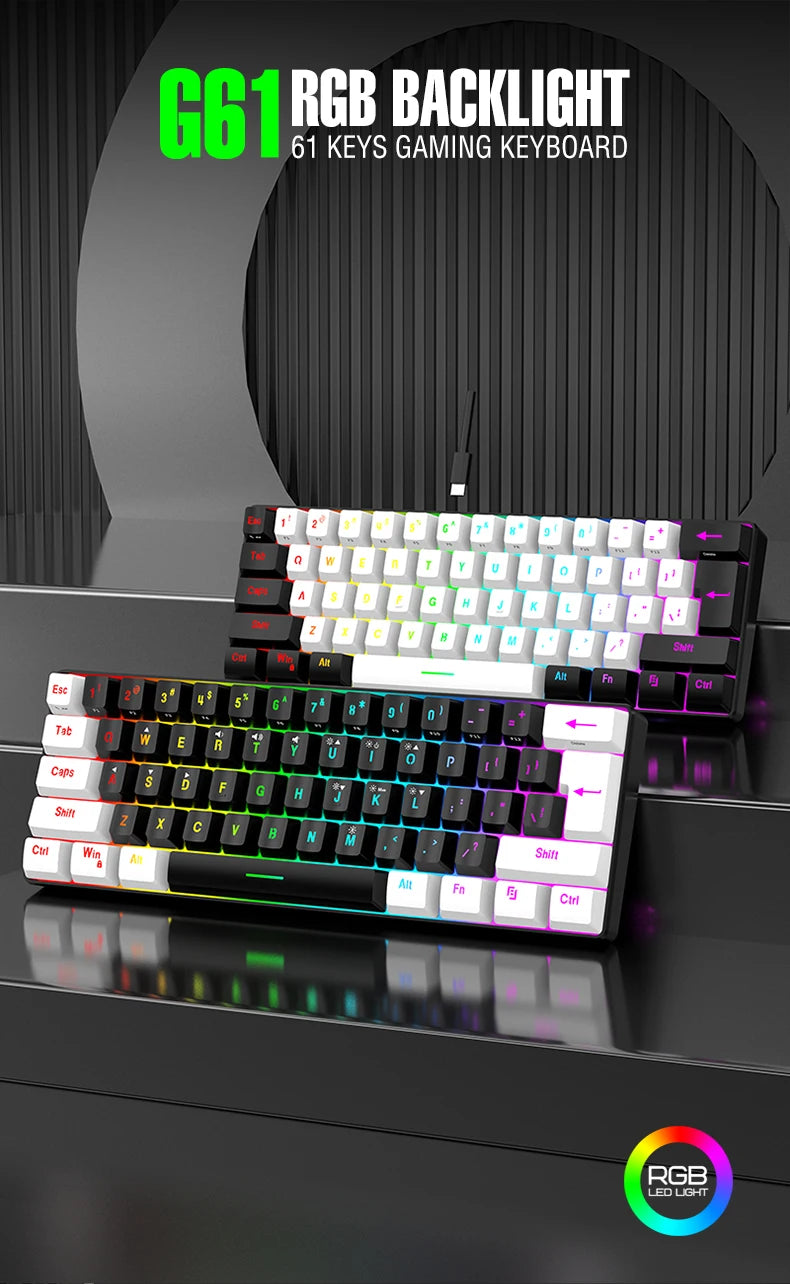 Tastiera meccanica cablata 61 tasti bianca, switch nero e blu, impermeabile, RGB illuminata, kit gaming e ufficio PUBG gamer retroilluminato