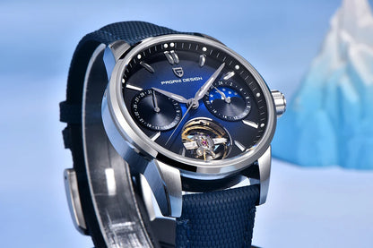 PAGANI DESIGN – Mechanische Luxusuhr für Herren, 41 mm, Saphirglas, Lederarmband, wasserdicht, Pilotenstil, mit Tourbillon und Mondphase