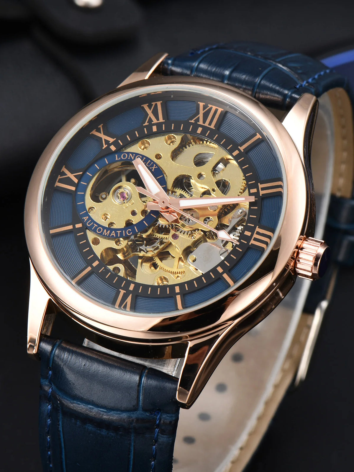 Automatikuhr für Herren, Luxusausführung, Zifferblatt mit römischen Ziffern, sichtbares Uhrwerk (Skelett), wasserdicht, leuchtende Zeiger, Lederarmband – Eine ideale Wahl als Geschenk.