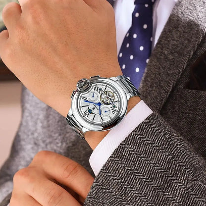 Montre pour homme POEDAGAR, style luxe et professionnel, avec affichage de la date et du jour, tourbillon, boîtier en acier inoxydable, mouvement mécanique automatique et étanchéité.
