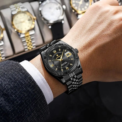 POEDAGAR Herrenuhr – Luxusmodell, wasserdicht, aus Edelstahl, mit Leuchtanzeige, im Militärstil, mit Datumsanzeige, Quarzwerk, ideal für die Arbeit oder berufliche Anlässe.