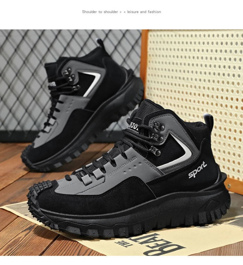 Black And Tan Mid Top Hiking Boots Suede And Leather Platform Sneakers Non Slip Outdoor Casual Shoes With Rugged Sole For All