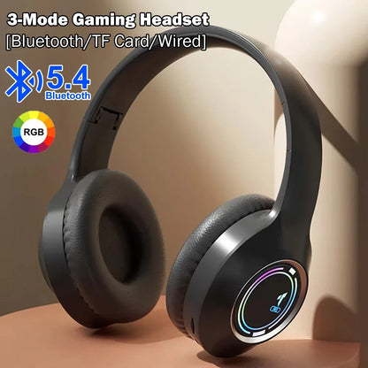 Casque de jeu KEBIDUMEI RGB, circumaural, Bluetooth 5.4, prise en charge de la connexion filaire 3,5 mm, lecture sur carte TF, écouteurs tri-mode.