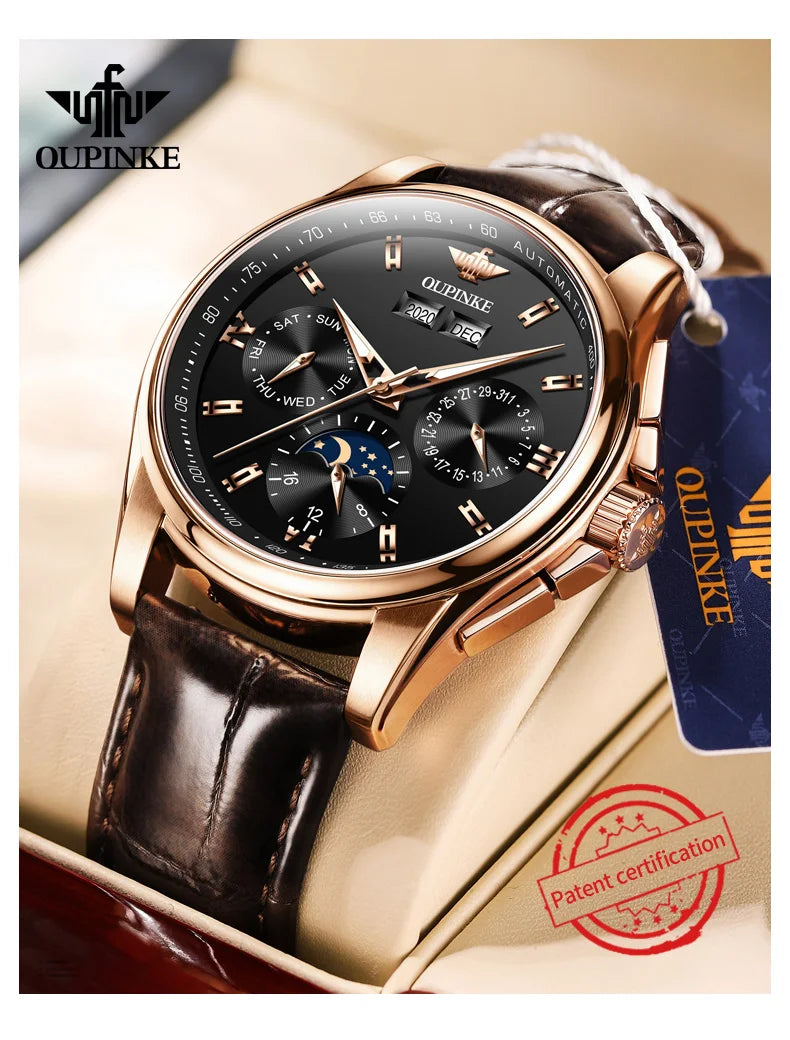 OUPINKE 3189 Classic Men's Watch Leather Strap Waterproof Moon phase Top Brand Automatic Mechanical Men's Wristwatch