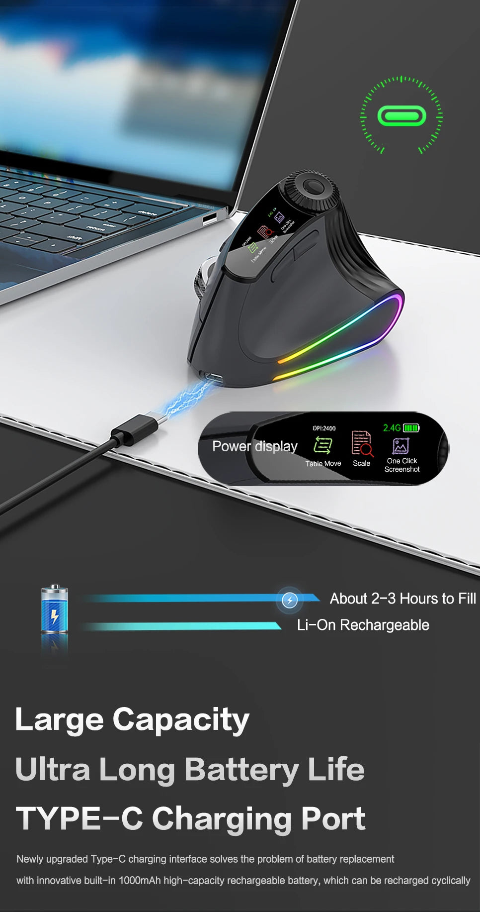 Jomaa RGB Φωτιζόμενο Ασύρματο Κάθετο Ποντίκι Speed Roller με Ρυθμιστικό Κουμπί Λειτουργιών, Bluetooth USB, Εργονομικό Ποντίκι με Αθόρυβο Κλικ