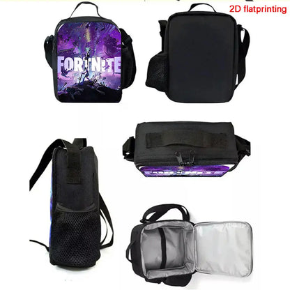 3-teiliges FORTNITE Cartoon-Schulset mit leichtem Rucksack, Fronttasche, Lunchbox und Federmäppchen für Kinder von 5-9 Jahren + kostenloser 3D-gedruckter Schlüsselanhänger