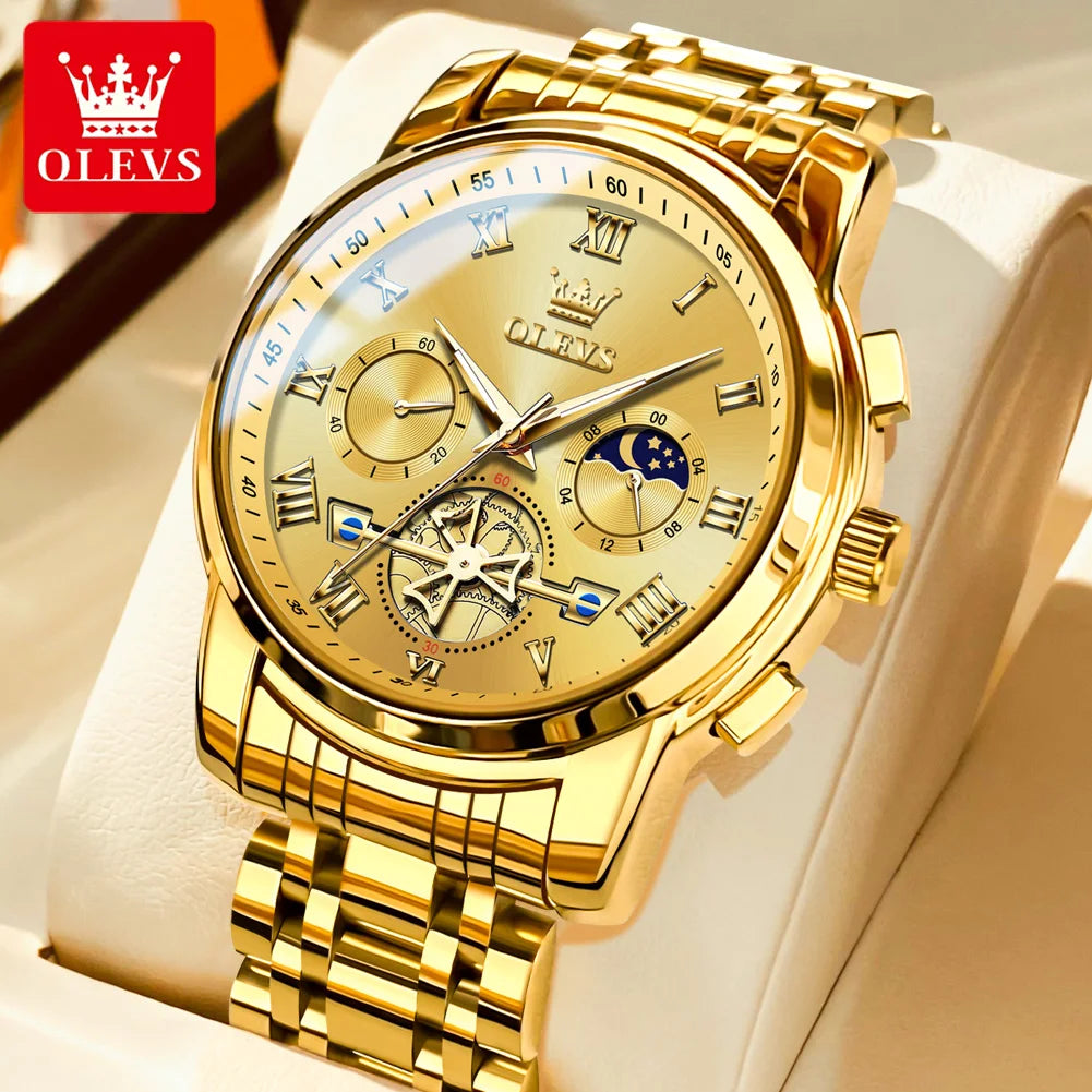Reloj para hombre OLEVS 2859: modelo clásico y lujoso con números romanos, multifunción, resistente al agua, esfera luminiscente y mecanismo de cuarzo de alta calidad.