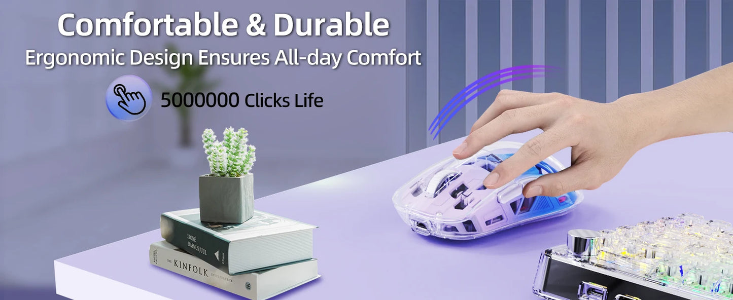 A2 Transparent Wireless Gaming Mouse, BT 5.0/2.4G PC Rechargeable RGB Mice with Digital Screen, PixArt 3212, 5 Adjustable DPI