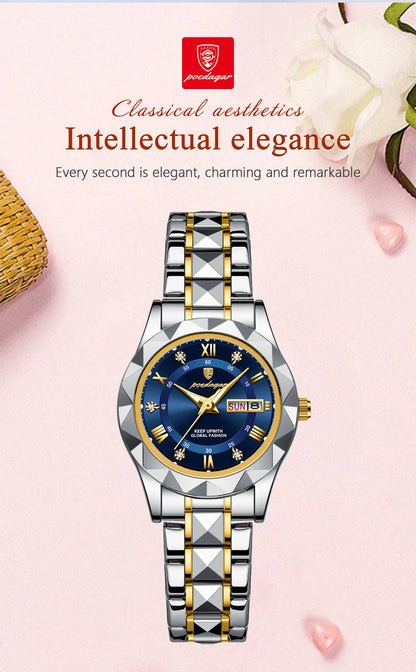 POEDAGAR Top Luxury Watches For Women Stainless Steel Week Date Woman Wristwatch Luminous Waterproof Fashion Quartz Ladies Watch