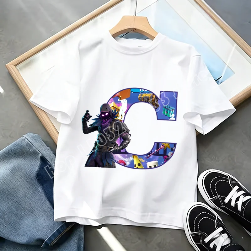 Тениска Fortnite A-Z Alphabet Print за деца, лятна бяла дреха, популярна тениска с анимационна игра, модерен ежедневен топ с къс ръкав, подарък