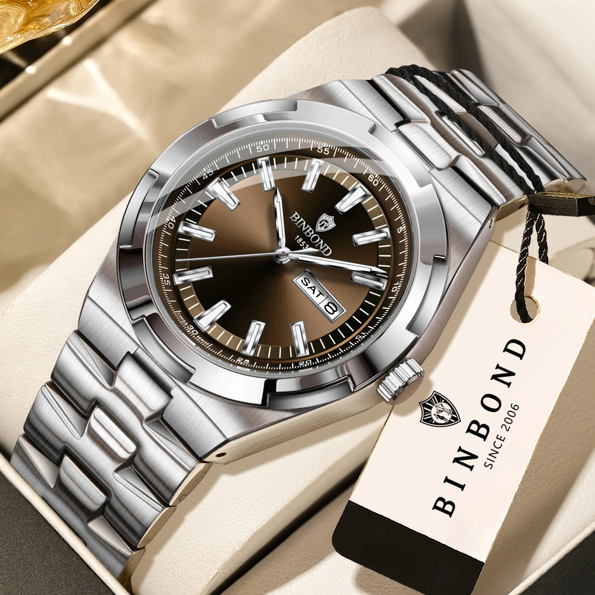 Orologi al quarzo BINBOND in acciaio inossidabile da uomo – Orologio di lusso, impermeabile e luminescente – Modello originale da uomo
