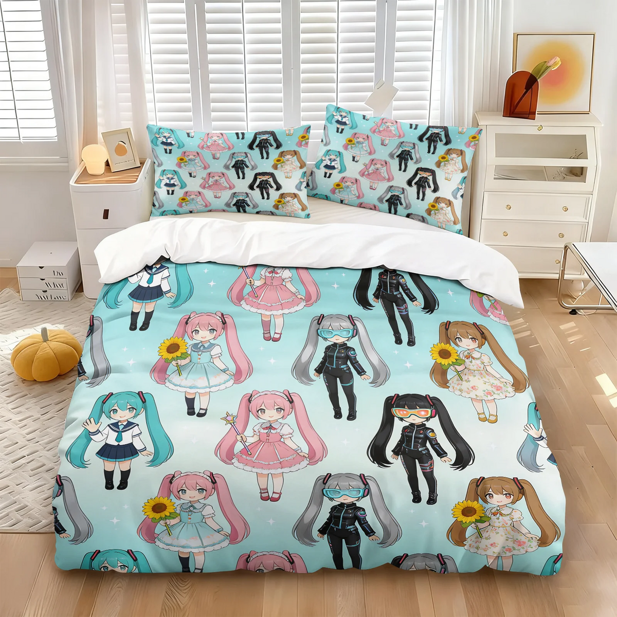 Komplet posteljnine Hatsune Miku v slogu chibi – simpatična anime posteljnina z vzglavniki za igralno sobo, dekoracija za otroško in najstniško spalnico, darilo za oboževalce