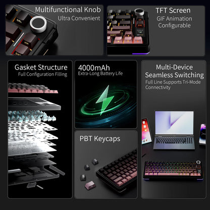 AULA S75 PRO Mechanical Keyboard 75% Custom Layout RGB Backlight Wireless Bluetooth Gaming Keyboard with Screen Knob