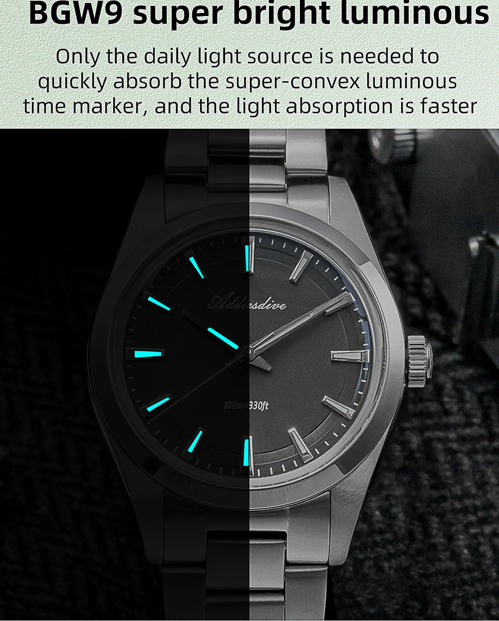 ADDIESDIVE AD2066 Men's Luxury Watch VH31 10Bar Waterproof BGW9 Super Luminous 316L Stainless Steel Reloj Hombre Quartz Watches
