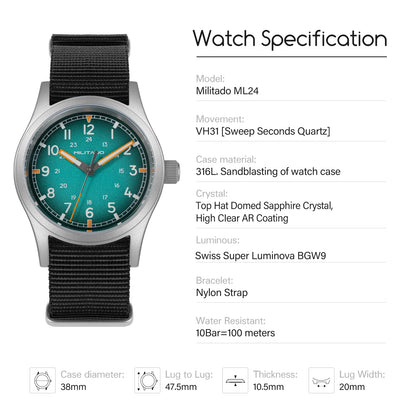 ML24 Field Watch Mens 38mm Vintage Military Style VH31 Sweep Quartz Domed Sapphire Super C3 Lume 316L Steel 100M