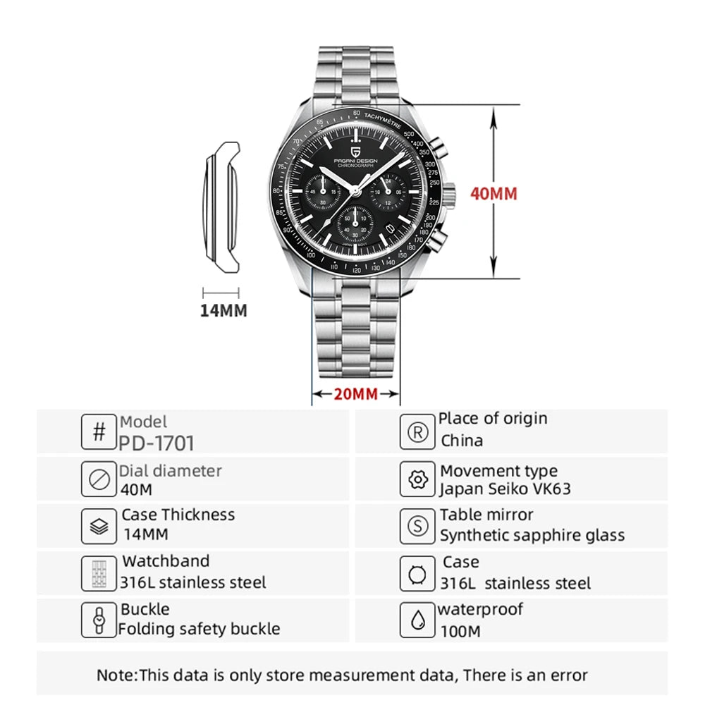PAGANI DESIGN 2026 New Moon Watch Retro Luxury Quartz Watches For Men Stainless steel Luminous waterproof Sport Chronograph Man