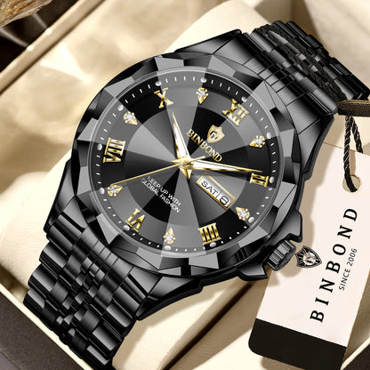 BINBOND Quarz-Herrenuhr – Luxuriöse, leuchtende und wasserdichte Armbanduhr mit automatischer Wochentags- und Datumsanzeige.