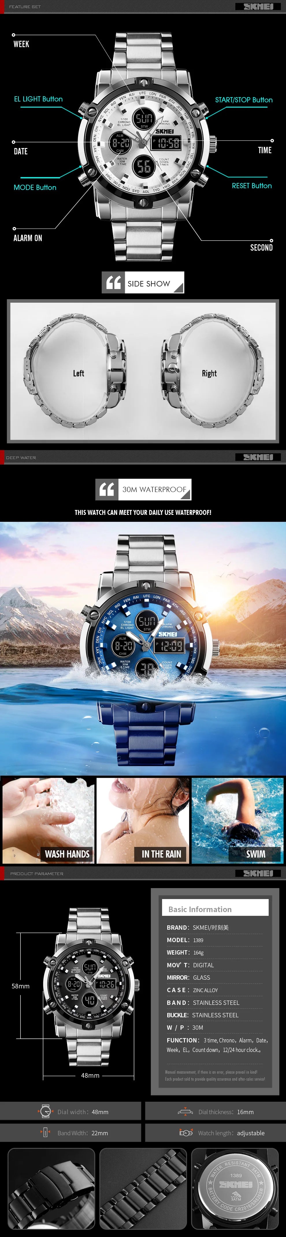 SKMEI 1389 Bracelet Wristwatch Clock Digital Quartz Watch Men Three Time Waterproof Quartz Wrist Mens Watch Relogio Masculino