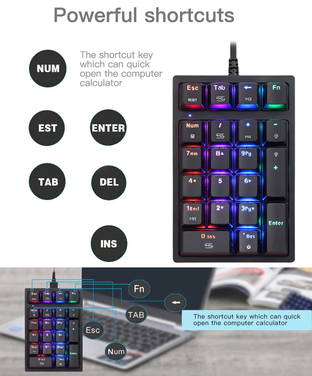 Motospeed K24 Macro Mechanical Numeric Keypad Wired 21 Keys RGB Backlight Numpad Gaming Keyboard Red Blue Switch For PC Notebook
