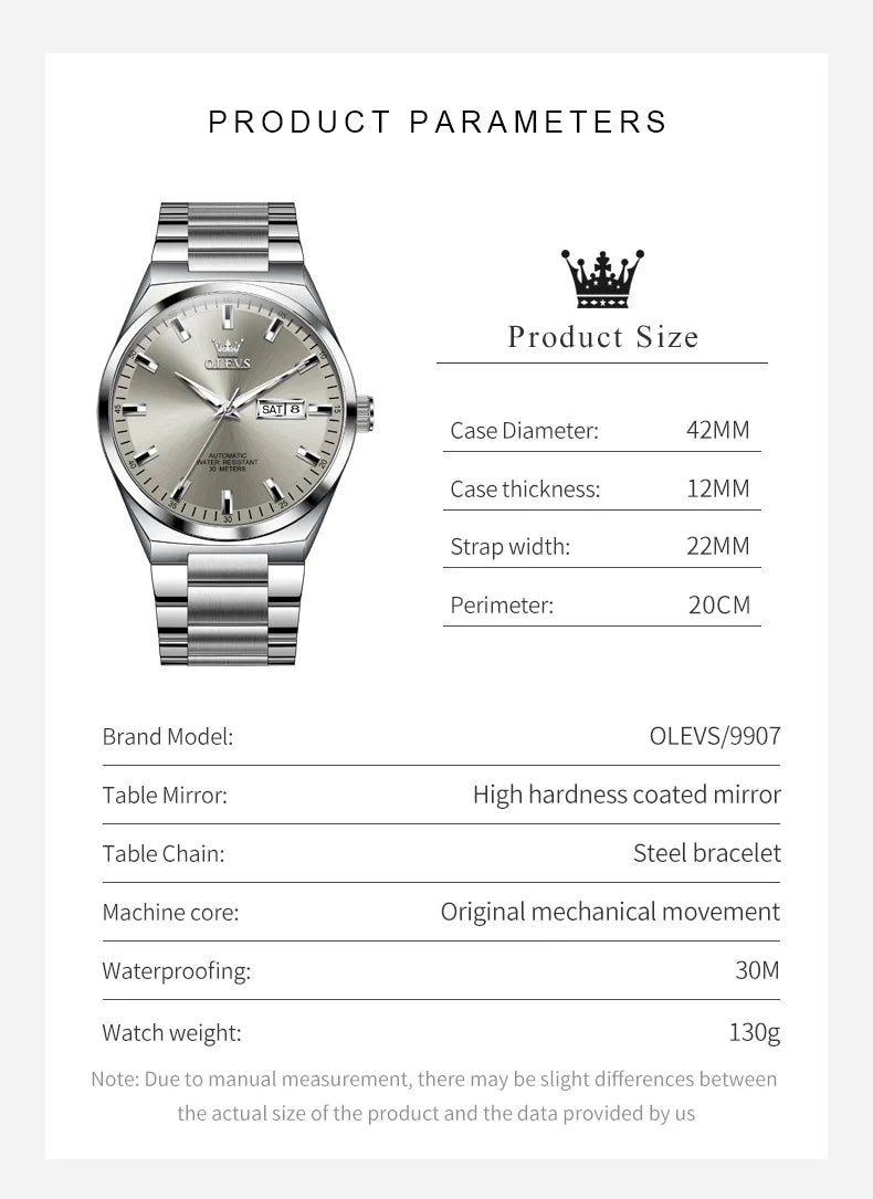 OLEVS Wristwatches Silver Gray Dial Automatic Mechanic Wrist Watch for Men Casual Sports Clock with Luminous relogios masculino
