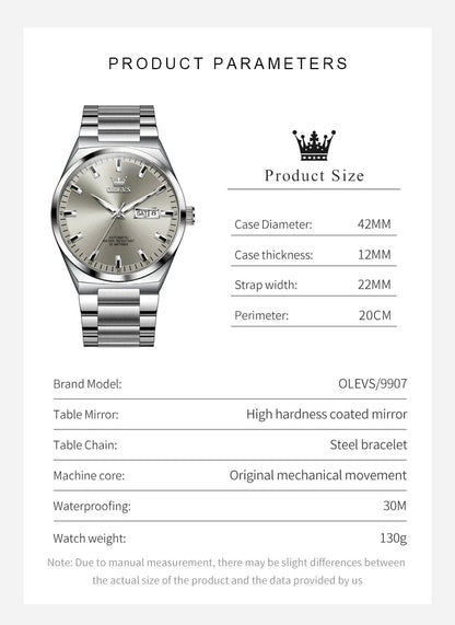 OLEVS Wristwatches Silver Gray Dial Automatic Mechanic Wrist Watch for Men Casual Sports Clock with Luminous relogios masculino