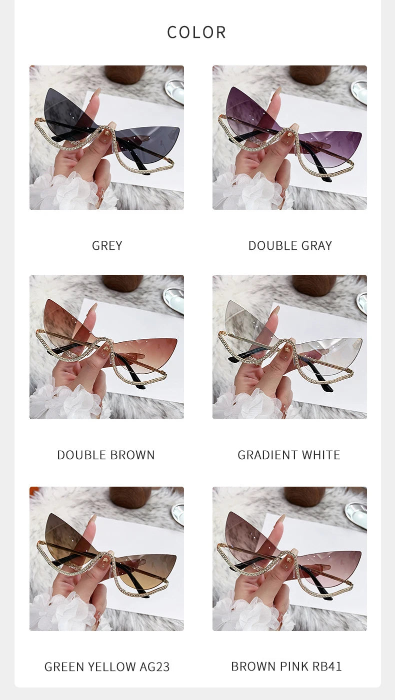 Sexy Cat Eye Rimless Sunglasses Women 2026 Luxury Brand Trendy Rhinestone Sun Glasses Punk Metal Frame Eyewear Outdoor Shades