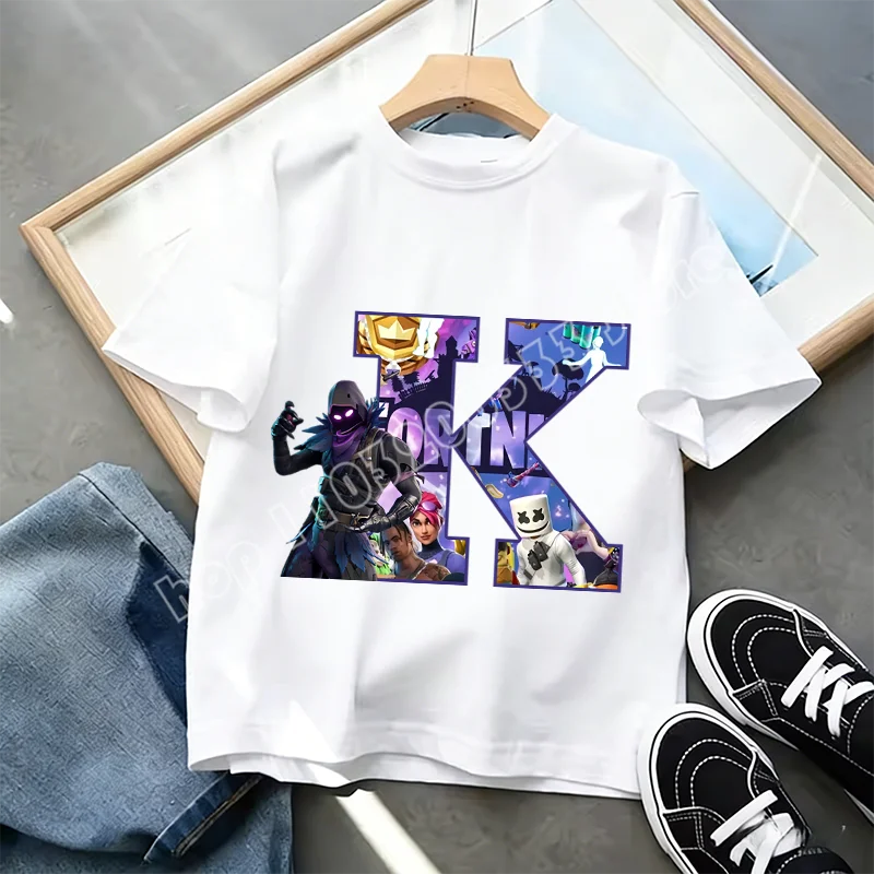 Тениска Fortnite A-Z Alphabet Print за деца, лятна бяла дреха, популярна тениска с анимационна игра, модерен ежедневен топ с къс ръкав, подарък