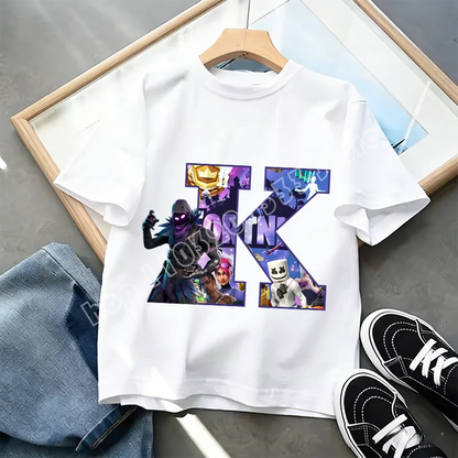 Тениска Fortnite A-Z Alphabet Print за деца, лятна бяла дреха, популярна тениска с анимационна игра, модерен ежедневен топ с къс ръкав, подарък