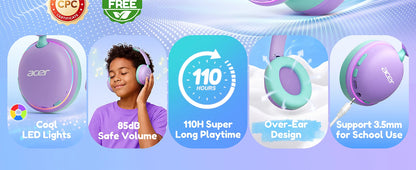 Casque Bluetooth 6.0 pour enfants Acer OHR727 avec lumières LED, conception confortable circumaurale, volume sécurisé de 85 dB, autonomie de 110 heures, microphone intégré