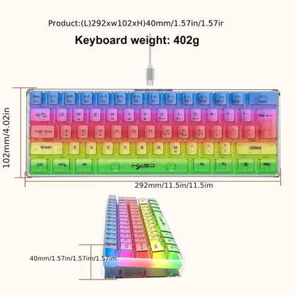61-key fully transparent wired gaming keyboard with RGB backlight, ergonomic design, portable and ultra-compact 60% mini film ke