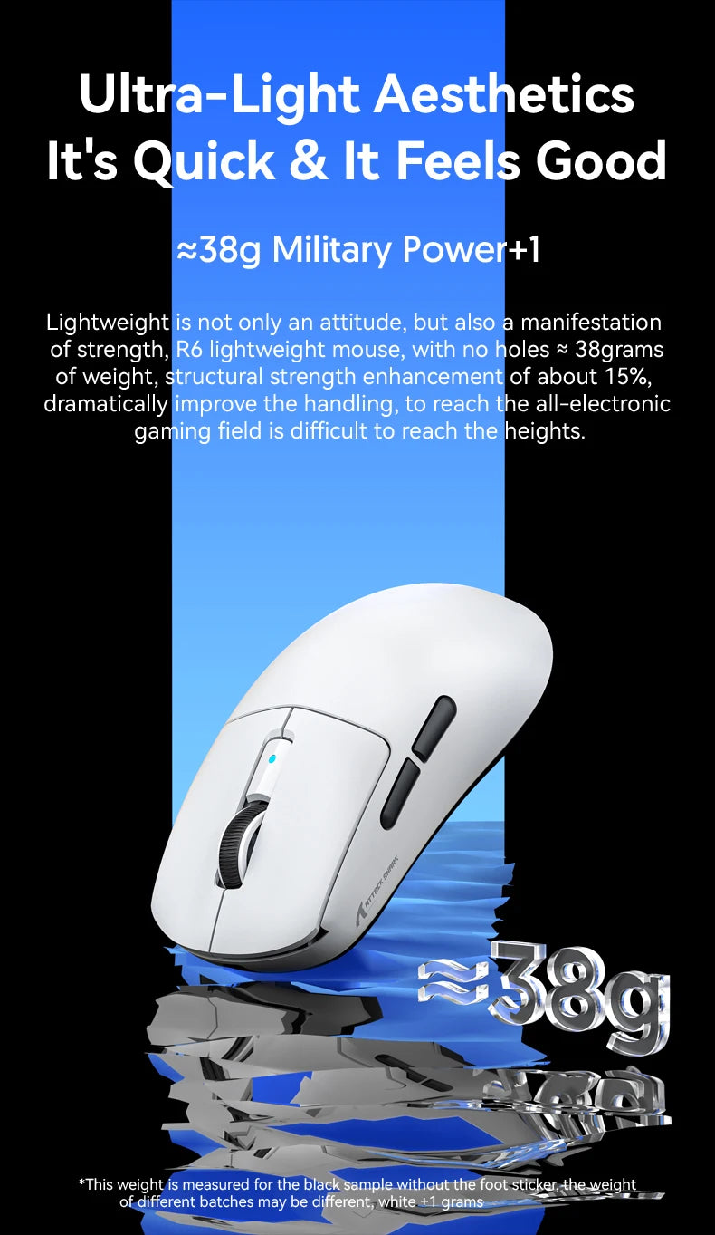 Mouse gaming Attack Shark R6 ultra leggero 38g, wireless PAW3950 con frequenza di polling 8K, Nordic 52840, 24000DPI, tri-mode