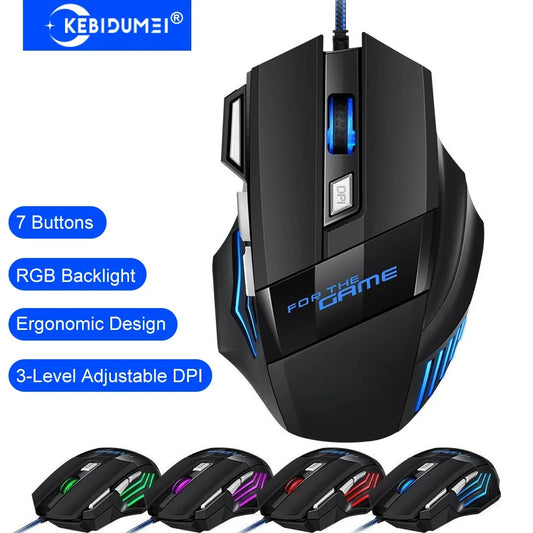 KEBIDUMEI Wired Gaming Mouse 7 Buttons RGB Backlit Mouse Ergonomic USB Mouse 2400 DPI 3 Level DPI For PC Laptop Windows Mac OS