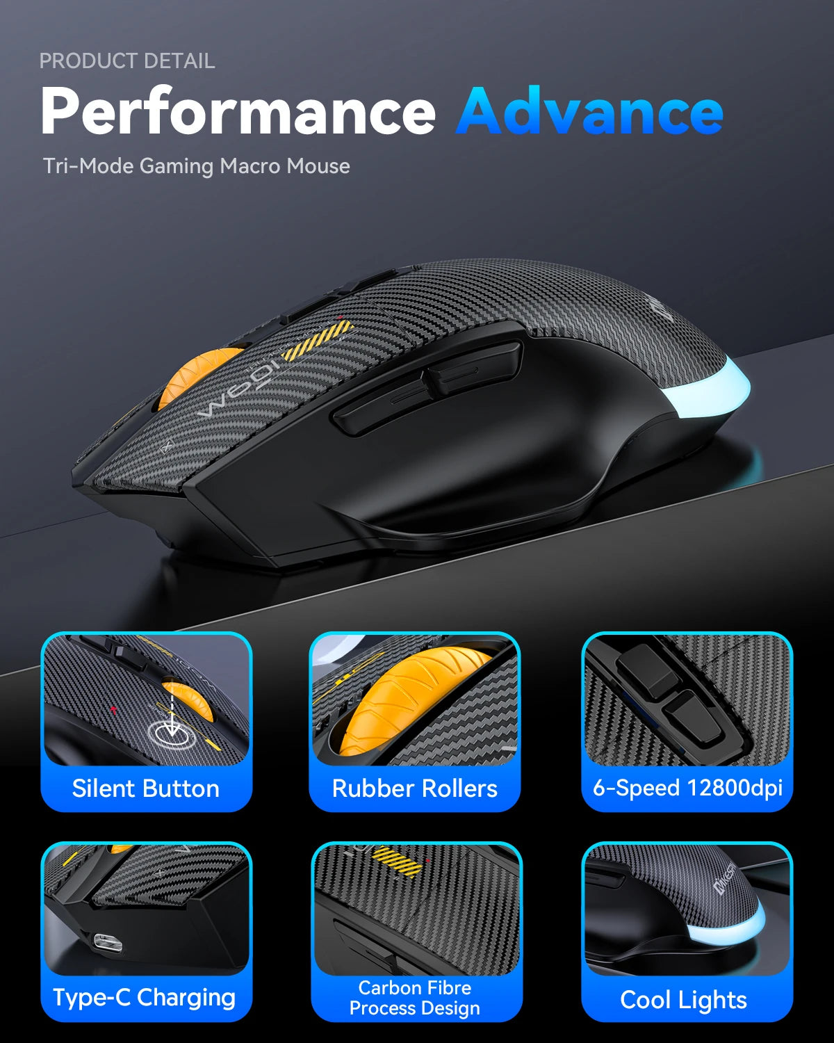 Ποντίκι gaming από ανθρακονήματα 12800DPI, 2.4G ασύρματο, Bluetooth και ενσύρματο, τριπλής λειτουργίας, αθόρυβο κουμπί, προγραμματισμός macro, 500mAh, 7 πλήκτρα