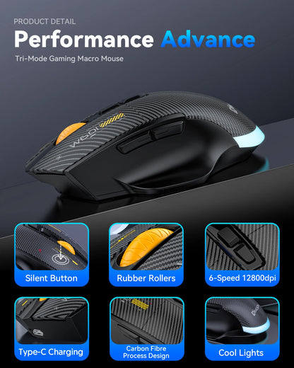 Ποντίκι gaming από ανθρακονήματα 12800DPI, 2.4G ασύρματο, Bluetooth και ενσύρματο, τριπλής λειτουργίας, αθόρυβο κουμπί, προγραμματισμός macro, 500mAh, 7 πλήκτρα