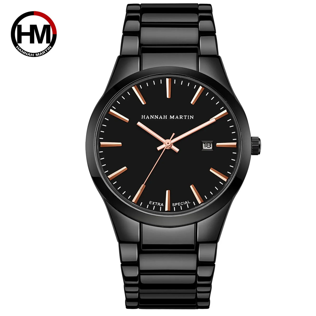 Hannah Martin herenhorloge, roestvrijstalen kast, quartz uurwerk, wijzerplaat van 41 mm, zakelijke stijl, met kalenderweergave (imitatie)