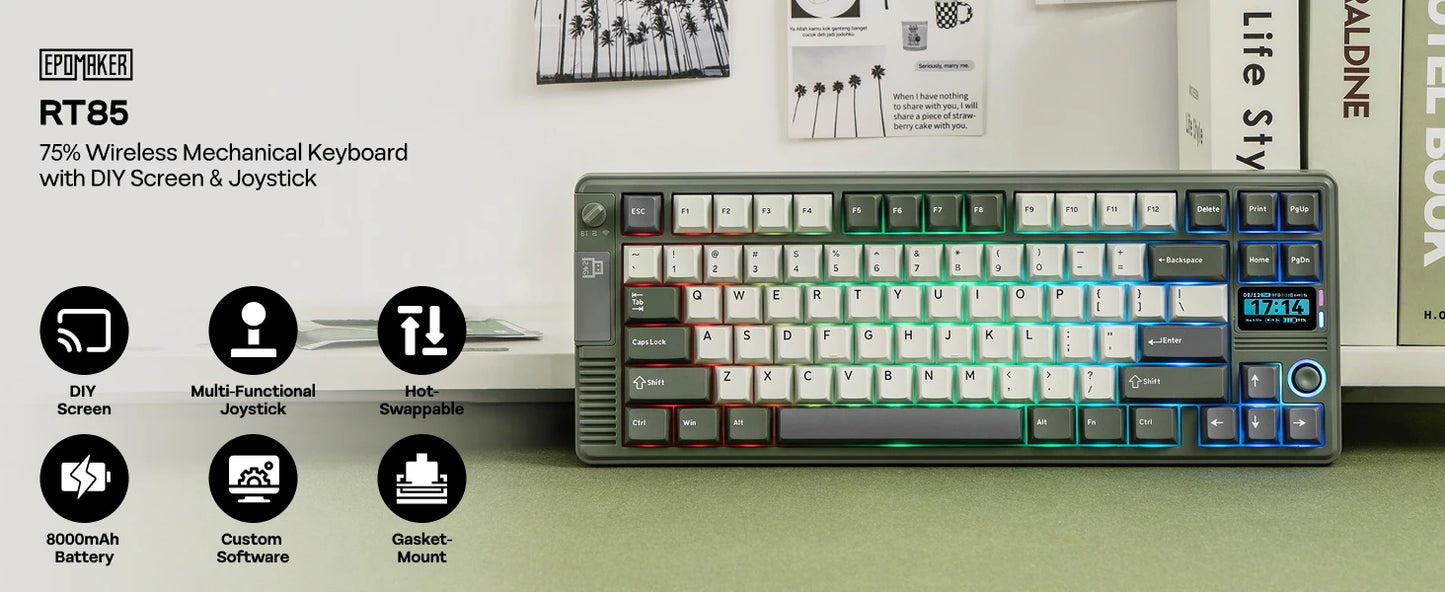 EPOMAKER RT85 75% ANSI US Layout Creamy Gasket Wired/BT/2.4Ghz Wireless Mechanical Keyboard with Joystick & DIY Screen 8000mAh