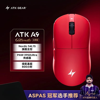 Ratón gaming inalámbrico Bluetooth ATK Dragonfly A9, diseño ergonómico, respuesta rápida, PAW3950 Ultra, 800mAh, ligero, 8KHz, esports
